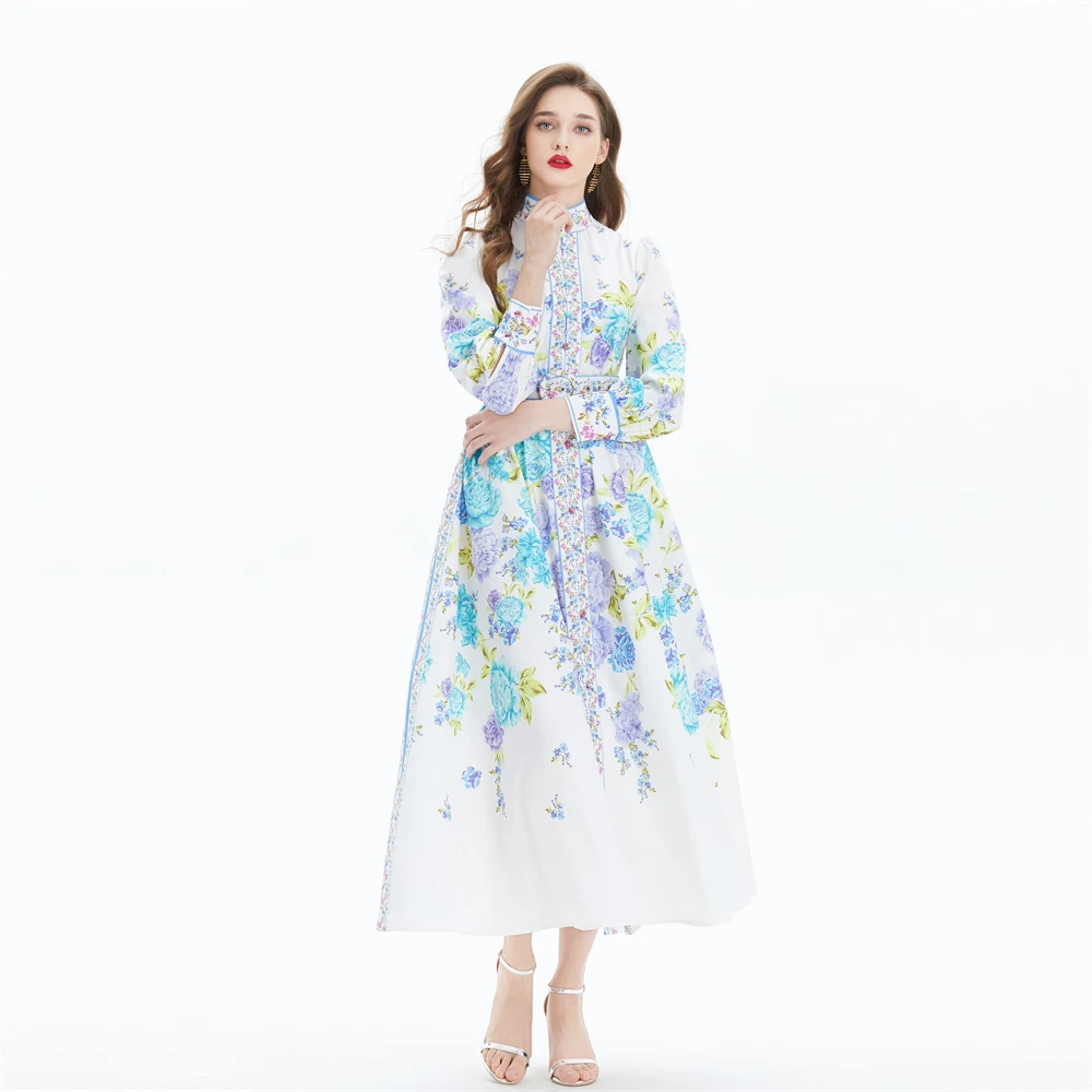 New Women Dresses Casual Court Style Drseses Women 2025 Early Spring Autumn New Palace Flower Print Dress Long Sleeved Beach Waist Wrap Chic Vestidos