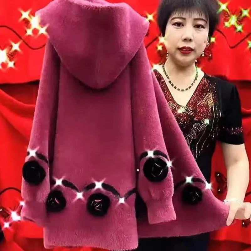 2023 Autumn Winter Middle Aged Women Faux Mink Cashmere Sweater Coat Thicken Hooded Mother Knitted Cardigan Woolen Coats 241220