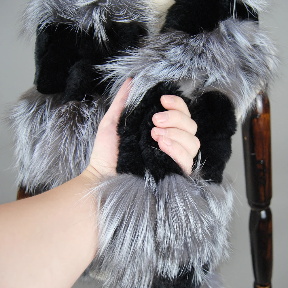 Winter Neck Warmer Femme Knitted Rex Rabbit Fur Scarf With Silver Fox Fur Women Fashion Warm Thick Female Winter Fur Scarves 241220