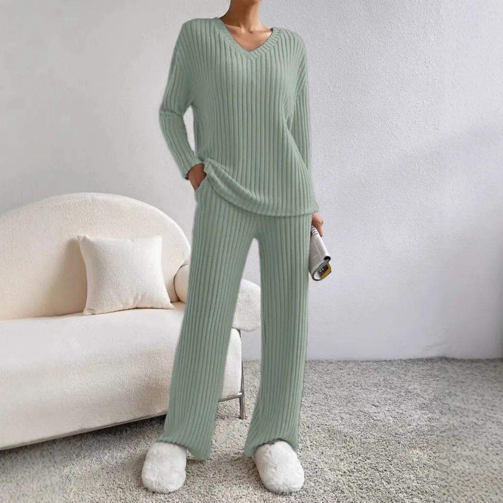 Fashion Casual Vneck Long Sleeve Loose Womens Pants Set Two Piece 241211