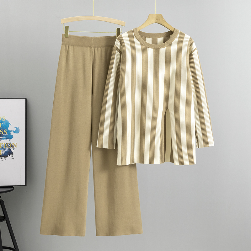 Chic Fashion new Spring Vintage Striped Women O Neck Casual Loose Split Knitted Pullover + Wide Leg Pants Two Piece Set