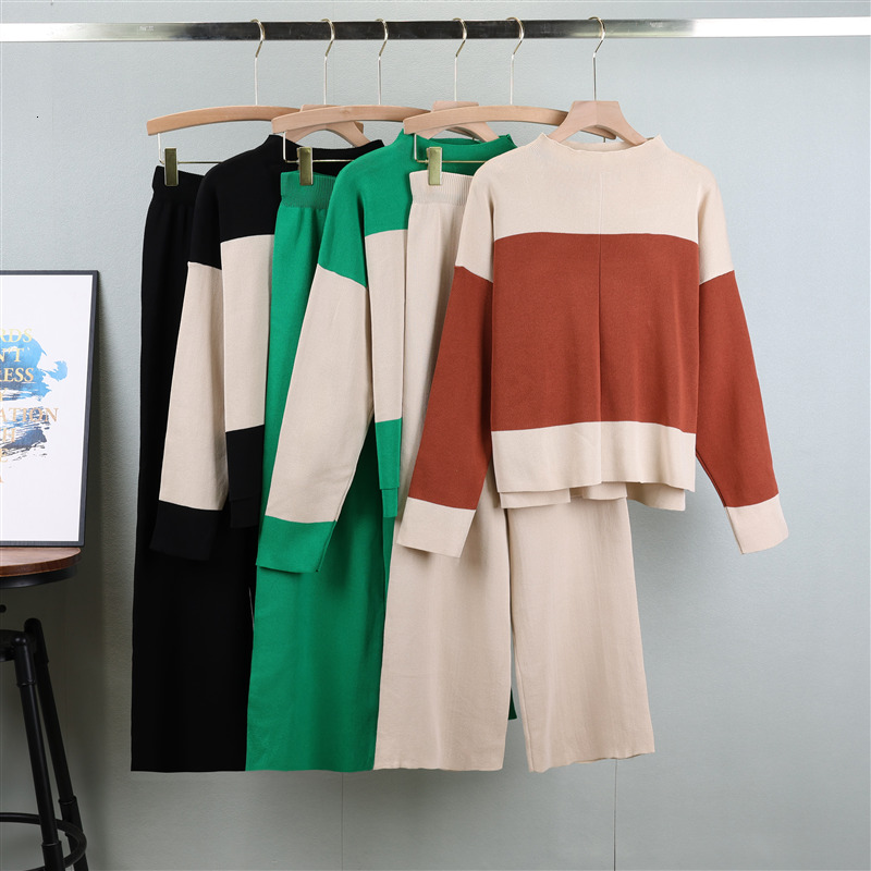 New Western Style Knitted Sweater Women's Loose Slimming Casual Pants Two Piece Fashion Autumn And Winter Set