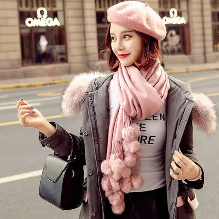 Warm Winter Wool Cashmere Pom Scarf Pink Thick With Rabbit Fur Ball Pashmina Large Stole Lady Wrap Shawl Oversize Blanket 241220