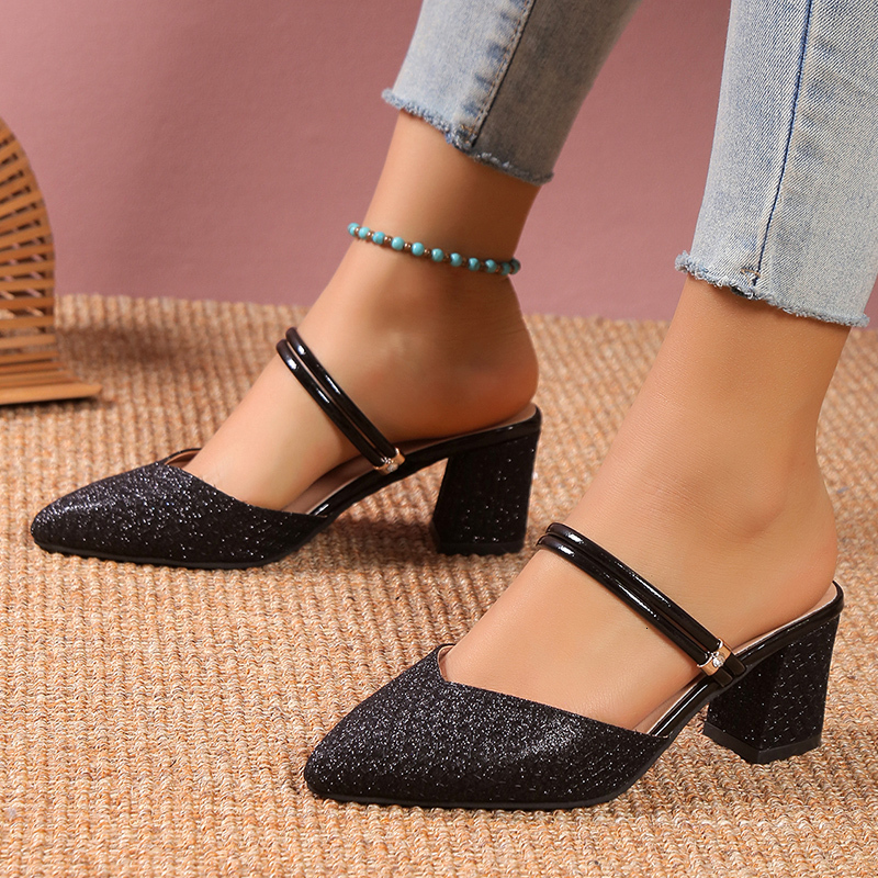 Gold Sier Bg High Heel Pumps Women Fashion Back Strap Slip-On Party Woman Pointed Toe Sgbacks Thick-Heeled Shoes