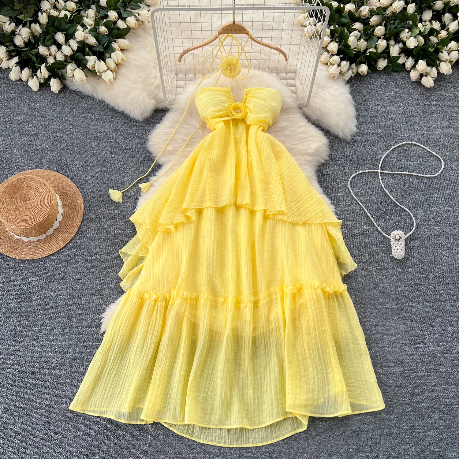 New Casual Dresses Elegant Sweet High Waist Hollow Out Asymmetric Three-dimensional Flower Halter Dress Vacation Slim Women Party Summer Dresses 2025