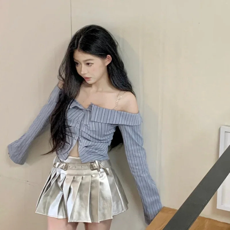French fashion and elegant longsleeved offshoulder striped shirt women tops unique casual oneshoulder slim short top clothing 241218