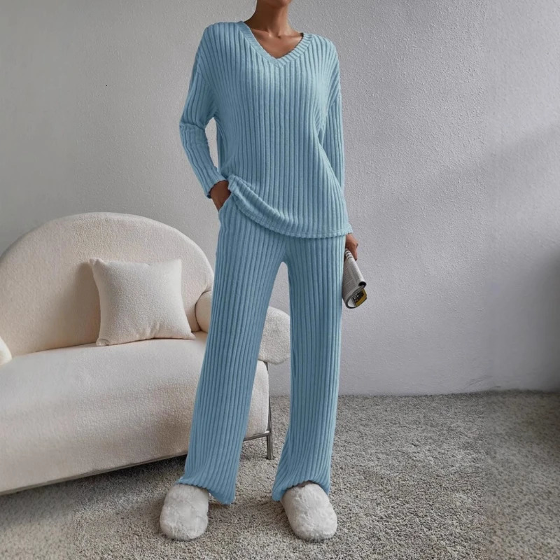 Fashion Casual Vneck Long Sleeve Loose Womens Pants Set Two Piece 241211