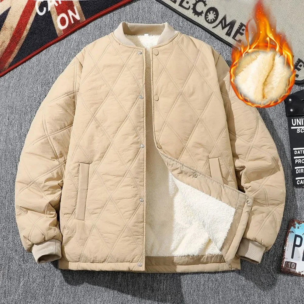 Men Winter Rhombus Cotton Padded Jacket Casual Thick Lambswool Lattice Streetwear Korean Coat Vintage Baseball Cold-proof Parka 241216