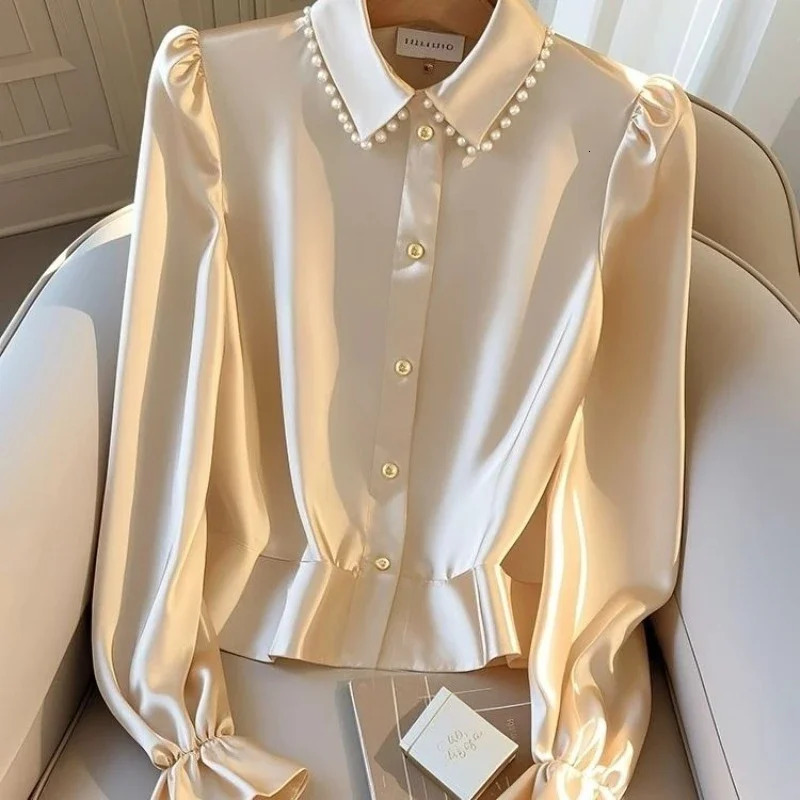 Satin Casual Womens Blouses SpringSummer Solid Korean Shirts Slim Fit Long Sleeves Top Women Clothing Sales 241218