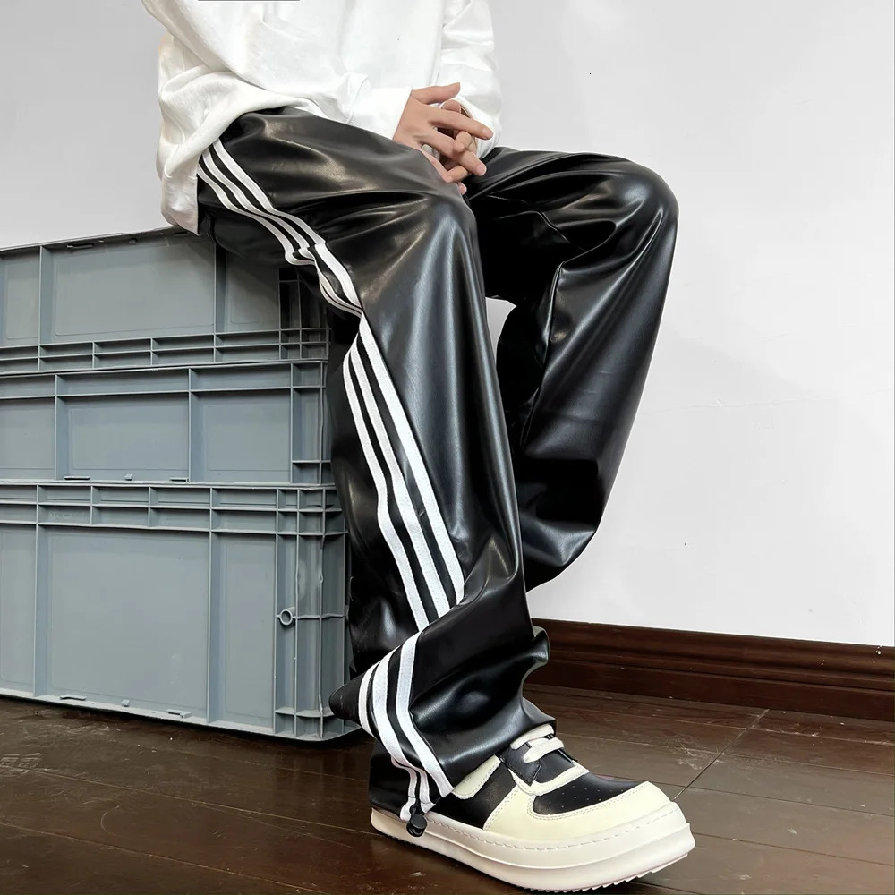 Side Stripe Leather Pant Men Women Streetwear Fashion Loose Casual Hip Hop Vintage Straight PU Leather Pants Cargo Trousers 241216