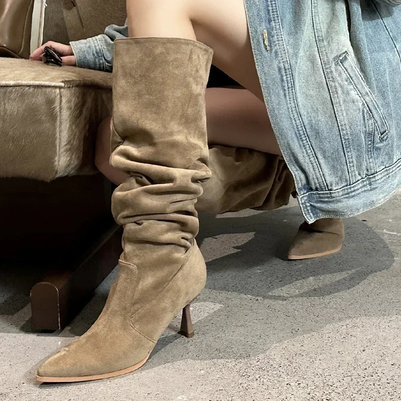 Womens high boots street style Pointed Toe knee high boots sexy pleated thin boots strip dance ball autumn winter shoes Botas Altas 241213
