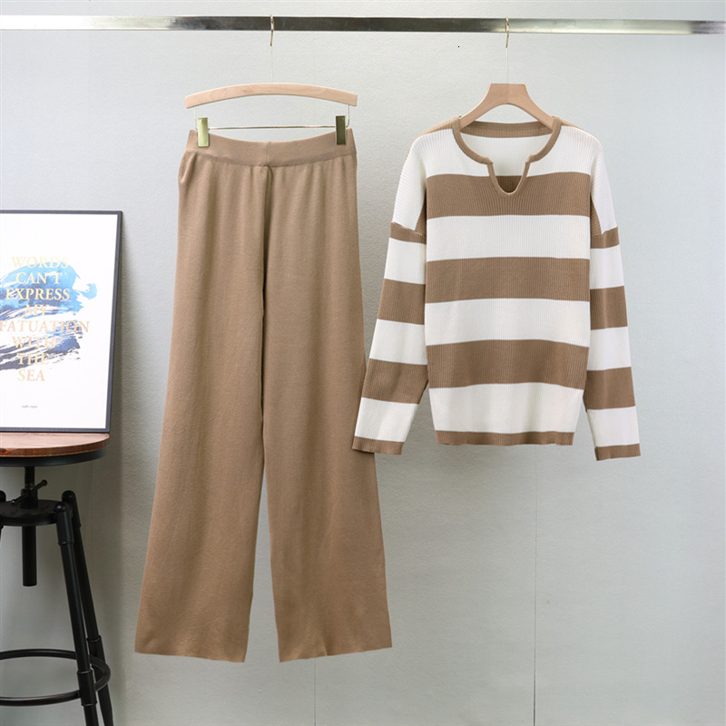 new Autumn New Retro Women Sweater Set Casual Pullovers Suits Striped Knitted Long Sleeve Elegance Tops Elastic Wide Leg Pant