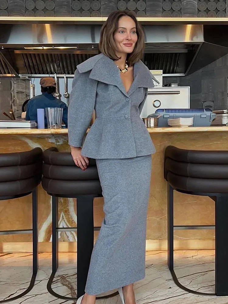 Women Elegant Grey Woolen Coat Skirt Set Fashion Big Lapel Button Full Sleeves Suit Autumn Office Lady Commute Streetwear 241220