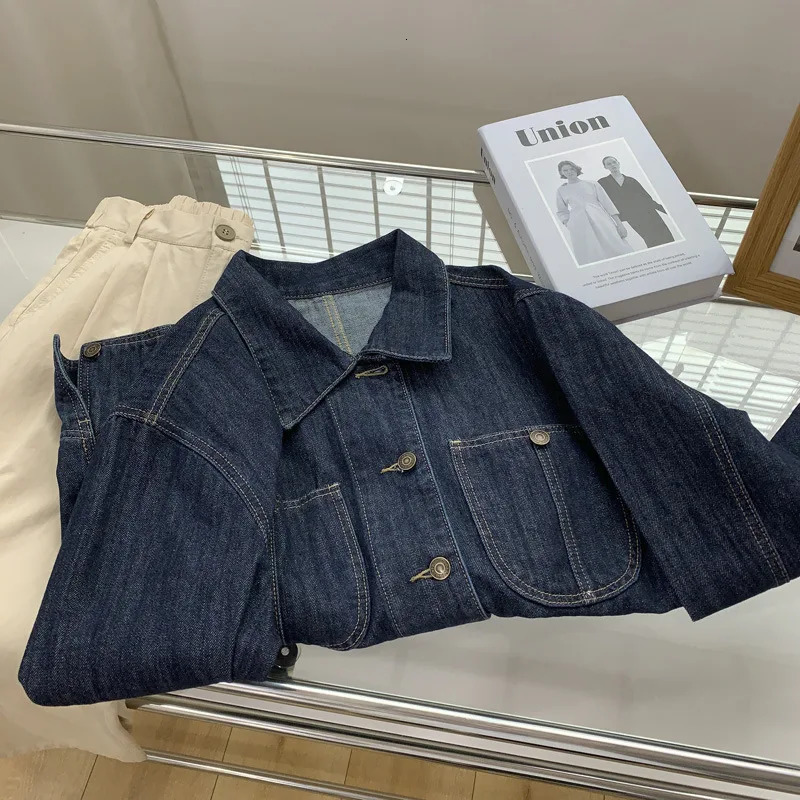 Retro dark blue denim jacket womens short sleeved lapel single chest loose wash womens long sleeved Jean Coats 241219