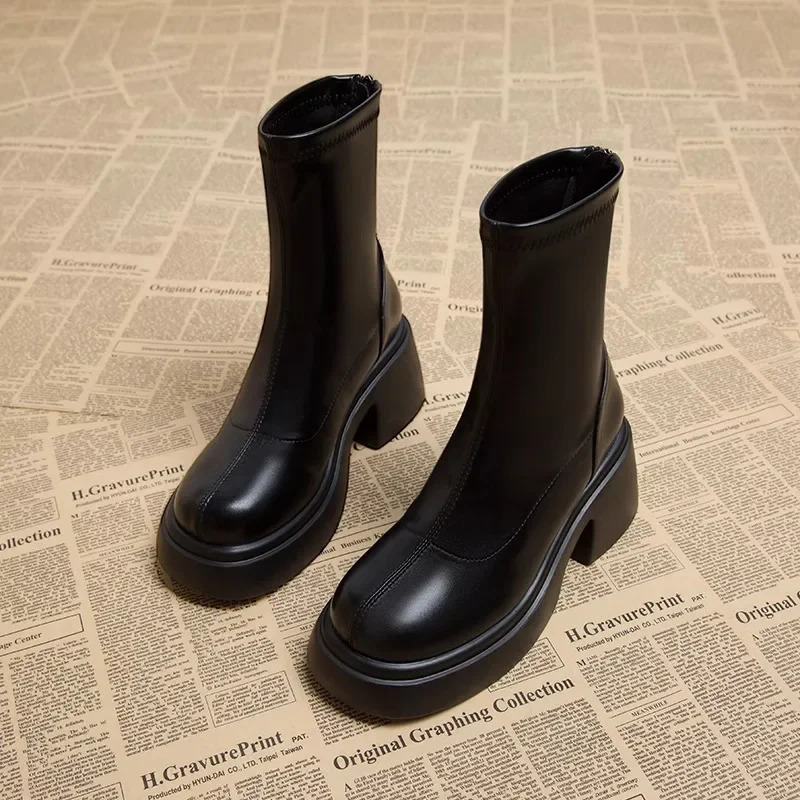 Black platform womens ankle boots fashionable soft leather shoes autumn thick boots womens short boots 241213