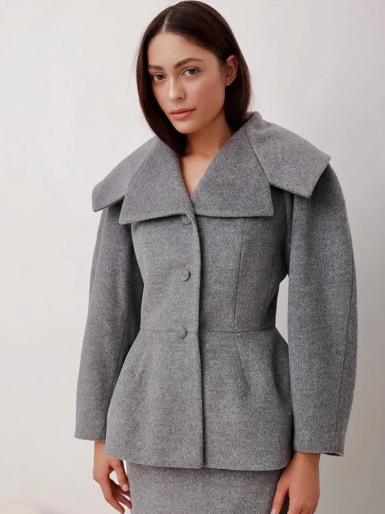 Women Elegant Grey Woolen Coat Skirt Set Fashion Big Lapel Button Full Sleeves Suit Autumn Office Lady Commute Streetwear 241220