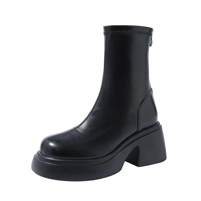 Black platform womens ankle boots fashionable soft leather shoes autumn thick boots womens short boots 241213