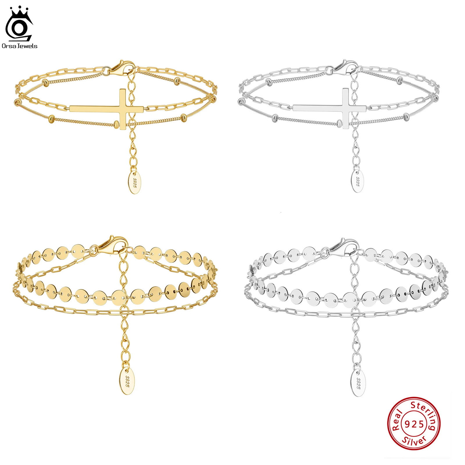 ORSA JEWELS Dual Layers 925 Sterling Silver Chain Bracelet Sequins Cross n for Women Fashion Bracelet Party Jewelry SB197 241214