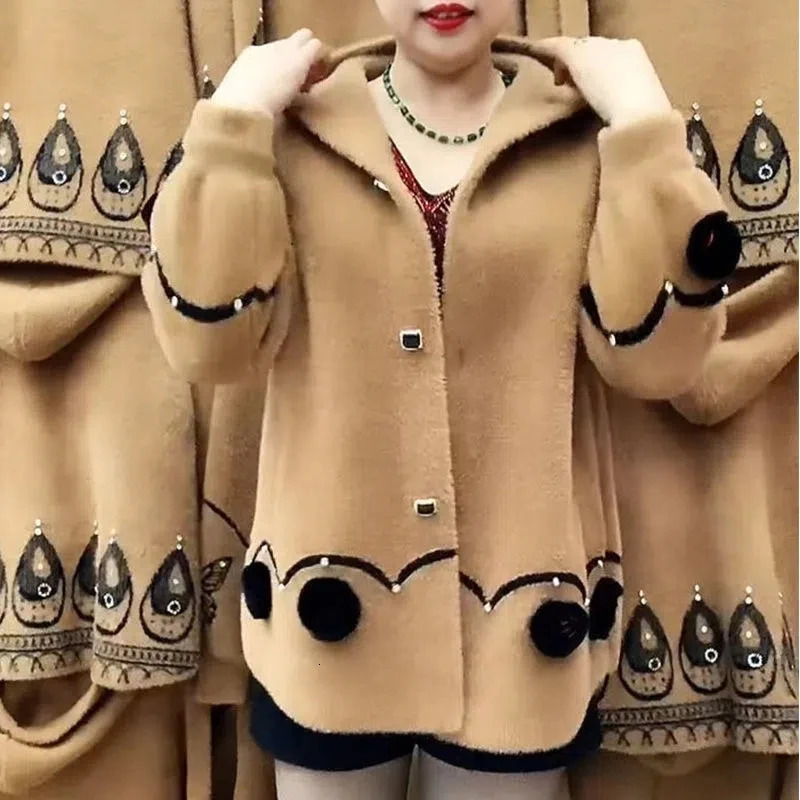 2023 Autumn Winter Middle Aged Women Faux Mink Cashmere Sweater Coat Thicken Hooded Mother Knitted Cardigan Woolen Coats 241220