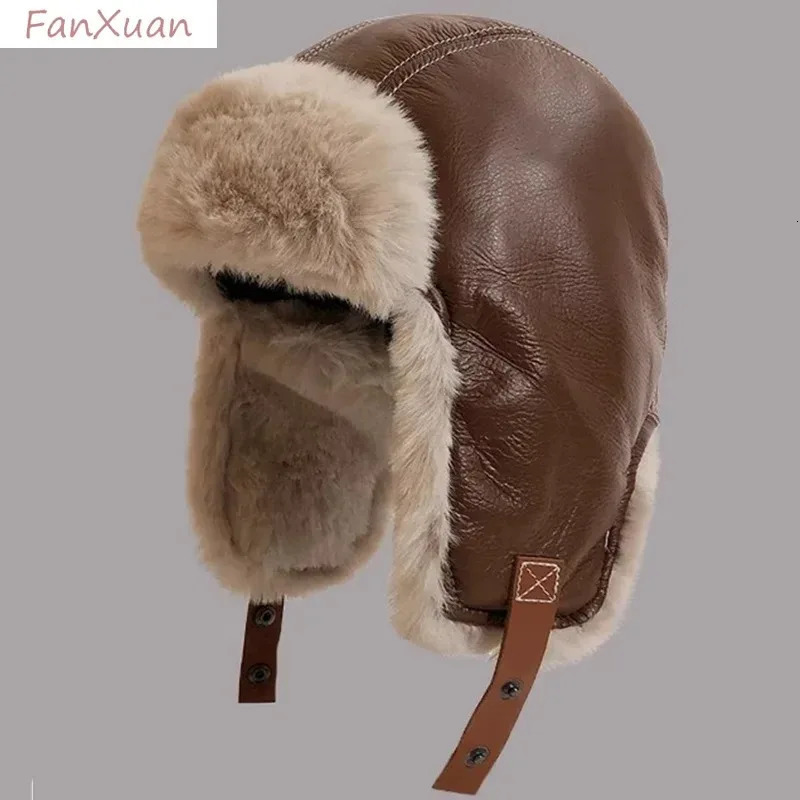 Winter mens pilot bomber trap hat artificial fur soft leather snow hat windproof Lei Feng hat with ear flaps 241220