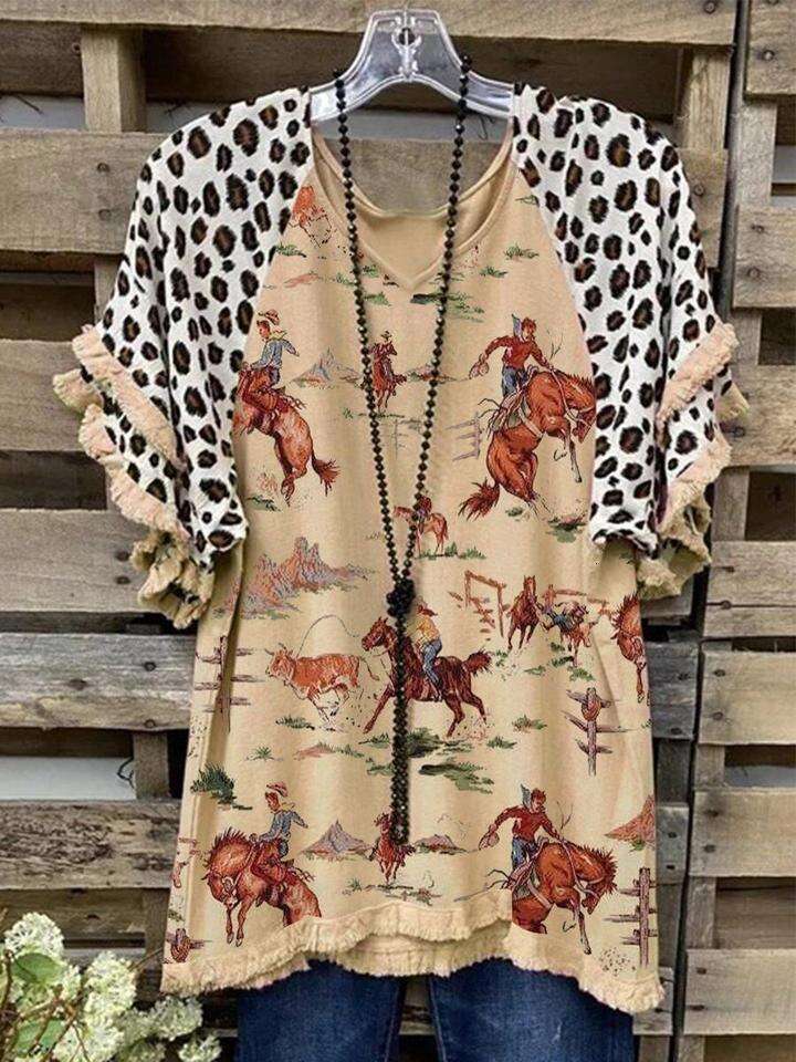 2021 summer pullover knitted commuter V-neck cotton short sleeved printed loose skin tone t-shirt 2024 new style chic and elegant clothing