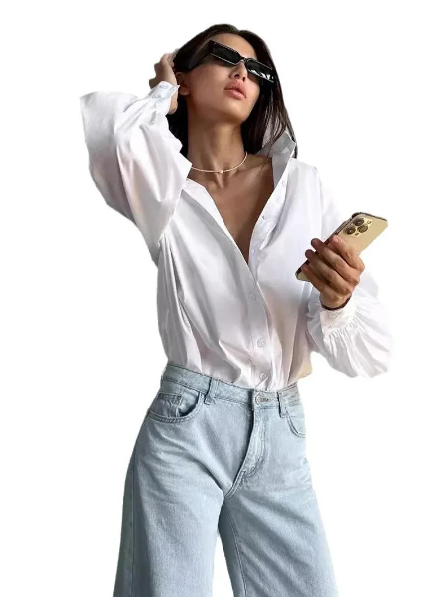 Bornladies Loose Oneck Women Stylish Shirts Spring Summer Lantern Sleeve Singlebreasted Female 100% Cotton Blouse Ladies Tops 241218