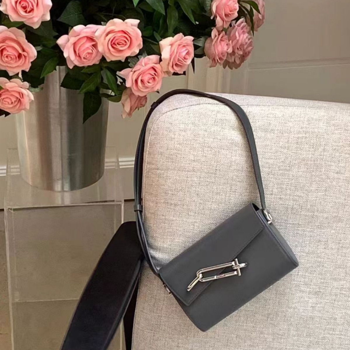 Bag TADFAB Women's Lock Box Interlock Small Square Niche Fashion Single Shoulder Crossbody Cowhide Armpit Bag