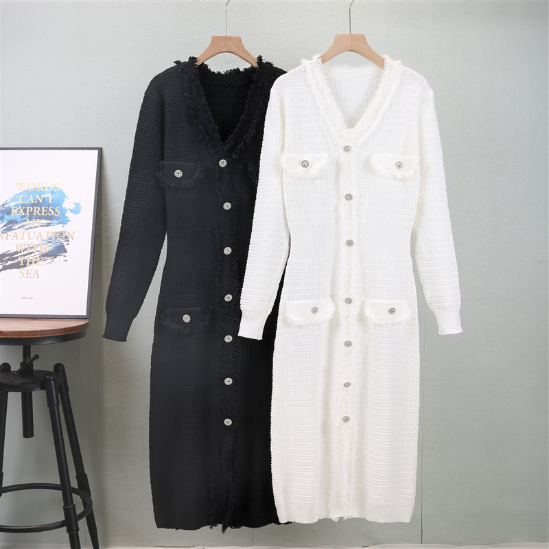 Elegant Slimming new Autumn French Fashion Knitted Mid Length Women V Neck Sweater Party Dress New