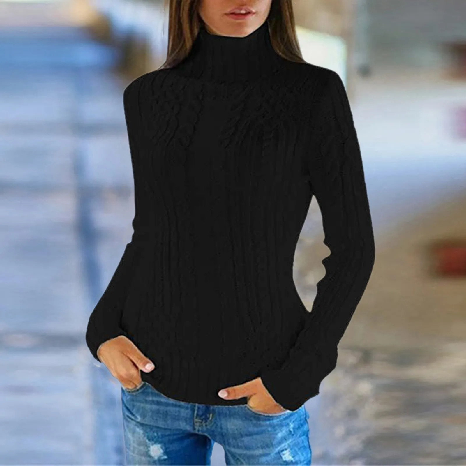 Womens Autumn And Winter Regular Turtleneck Long Sleeved Knitted Sweater Solid Color Basic Soft Pullover Sweaters For Women 241217