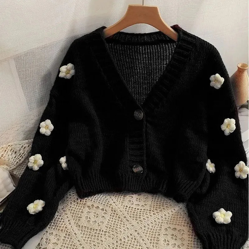 Sweet Cute Flower Sweater Cardigan Women Fall Winter Cropped Vneck Knitted Cardigans Female Long Sleeve Singlebreasted 241220