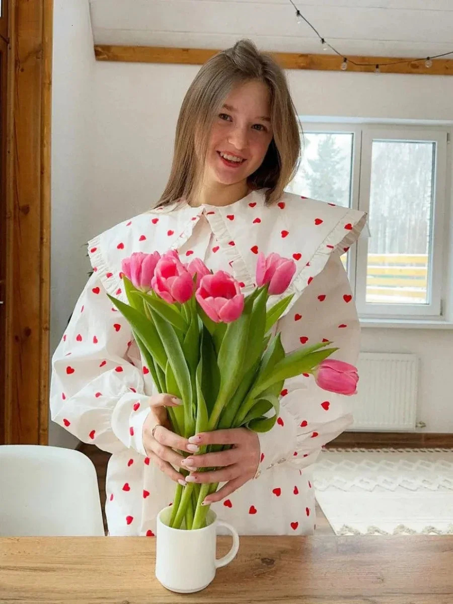 Wolfeel Big Peter Pan Collar Ruffle Womens Blouse Heart Print Long Sleeve Cotton Shirts Tops Female Spring Summer Frill Shirt 241218