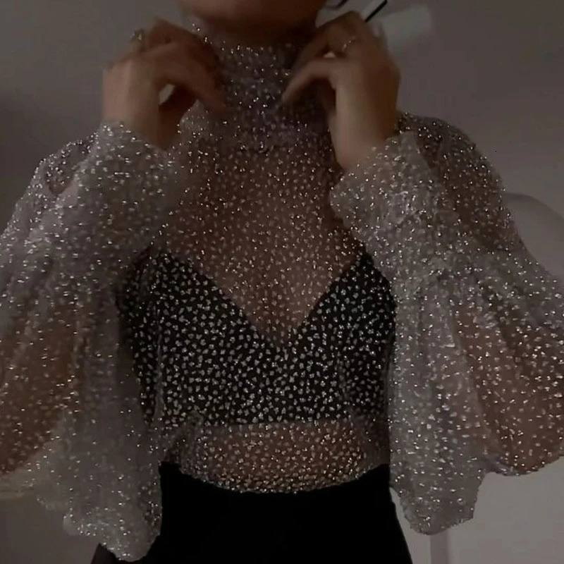 Elegant Turtleneck Sequin Shiny Party Blouse Women Spring See Through Mesh Lace Top Summer Lantern Sleeve Office Lady Shirt 241218