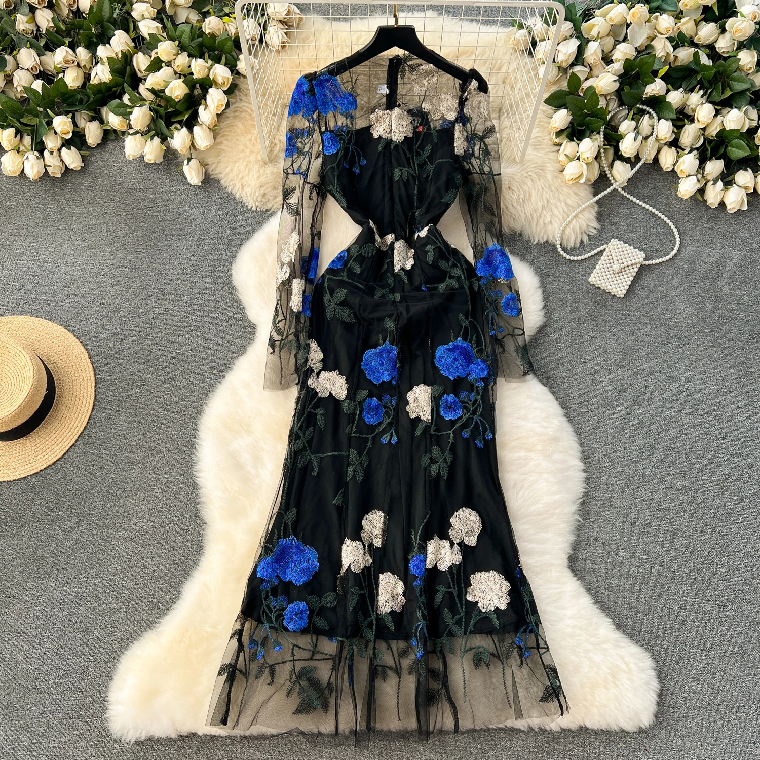 Casual Dresses Sexy Gauze Embroidery Floral Slim Long Sleeve Dress Chic Elegant Vestidos Vintage Summer Spring Women Korean Fashion Dresses 2025