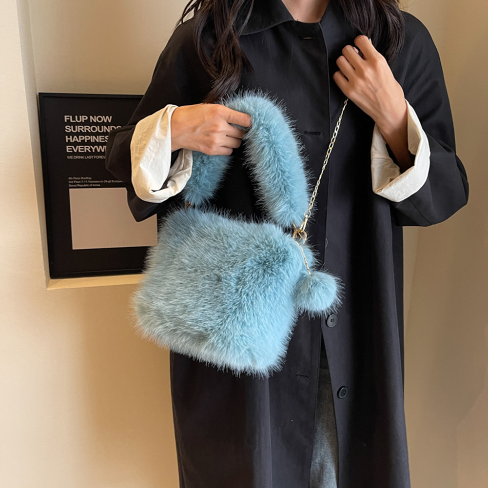 Women Fluffy Tote Bag Versatile Fuzzy Satchel Bag Fashion Chain Crossbody Bag Casual with Pom Poms Fall Winter Shopper Bag