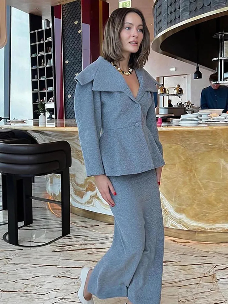 Women Elegant Grey Woolen Coat Skirt Set Fashion Big Lapel Button Full Sleeves Suit Autumn Office Lady Commute Streetwear 241220