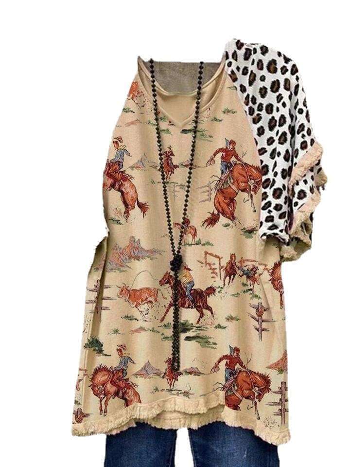 2021 summer pullover knitted commuter V-neck cotton short sleeved printed loose skin tone t-shirt 2024 new style chic and elegant clothing