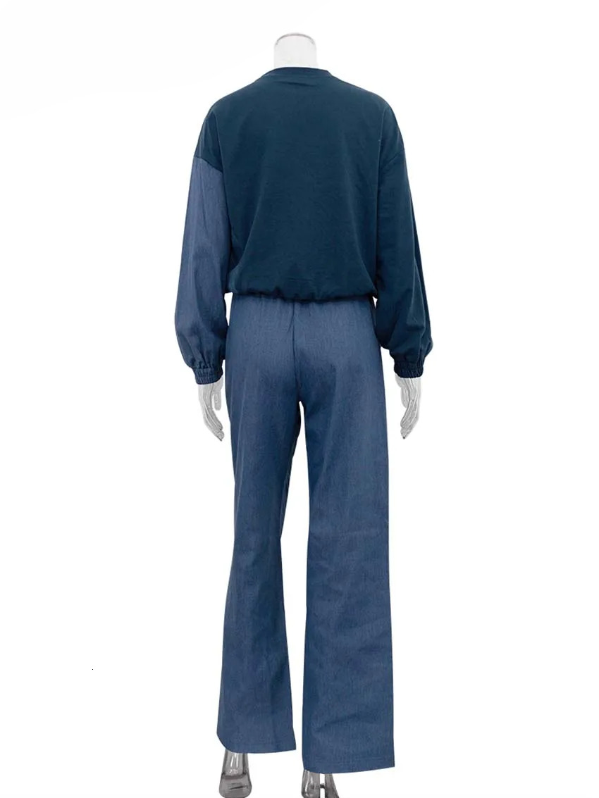 Casual Blue Patchwork Sets For Women 2 Pieces O-Neck Long Sleeve Blouse And Drawstring Straight Sweatpants Set Streetwear