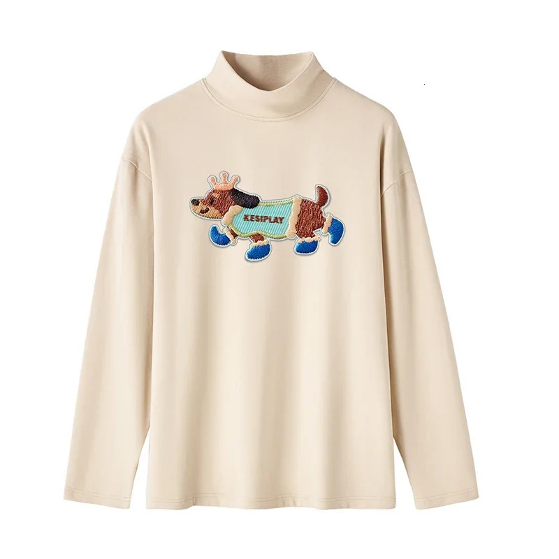 Korean Style ed Cartoon Puppy Long Sleeve TShirt Autumn Winter Half Turtleneck Bottom Shirt Men Women Knitted Top 241217