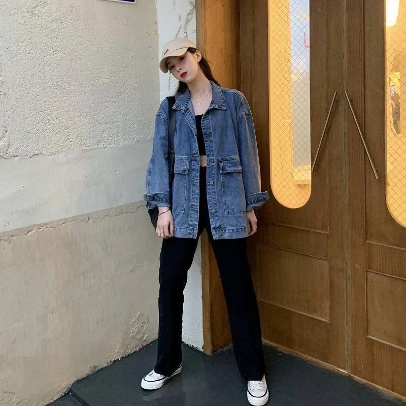 Xpqbb autumn womens denim jacket Korean long sleeved loose denim jacket womens Bf unisex large pocket button jacket 241219