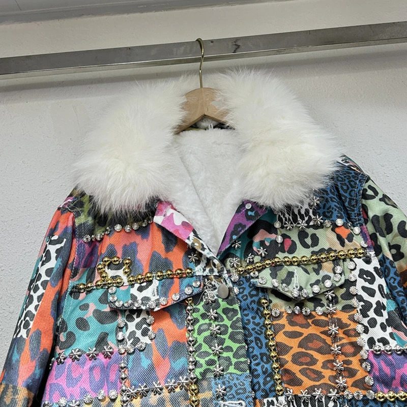 DEAT Women Denim Coat Colorful Leopard Printed Flowers Rivets Thick Plush Loose Single Breasted Jackets 2025 Spring Fashion 241220