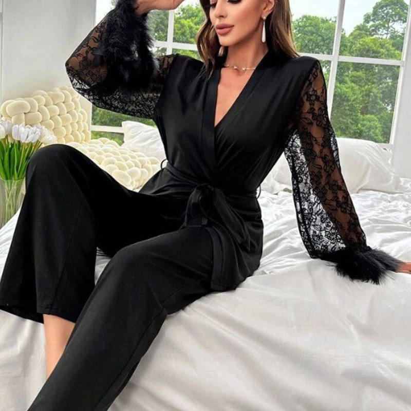 Womens 2 Piece Set V Neck Long Sleeve Floral Lace Feather Trim Belted Pajama Set Sleepwear 241217