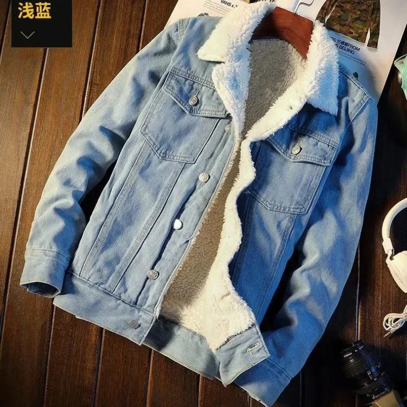 Winter fleece denim jacket for men thick and warm lamb fleece denim jacket for autumn and winter loose oversized cotton jacket 241216