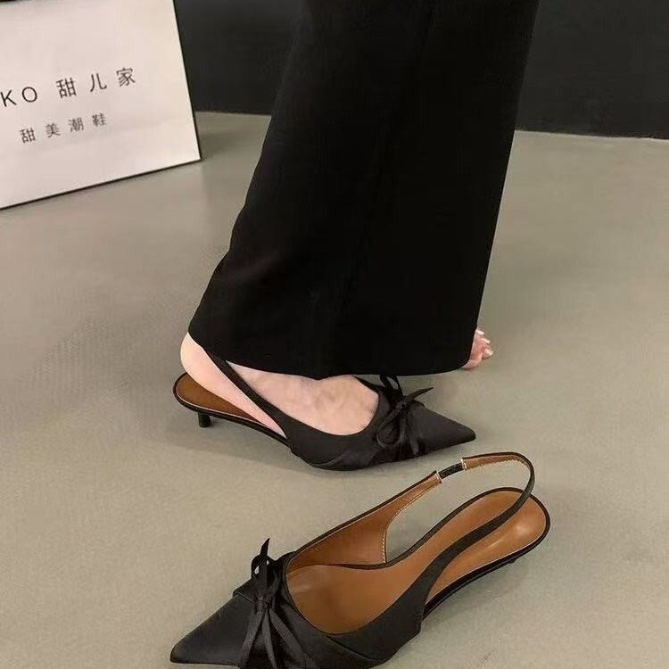 French pointed bow high heels for women, slim heels, 2024 new summer style, socialite, Baotou cool shoes