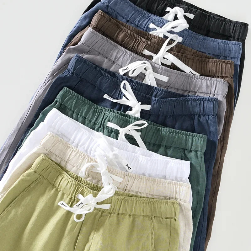 Spring and summer solid color 100% linen mens casual simple oversized mens pants 241219