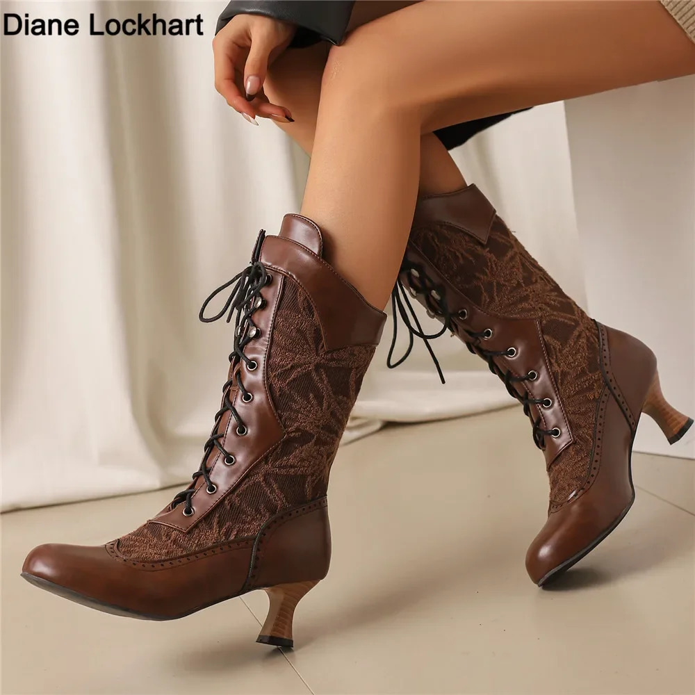 Retro cube high-heeled womens boots Victoria toe mid calf boots with strange steampunk high heels on lace purple shoes 2024 edition 241213
