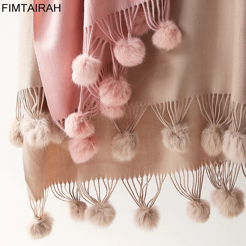 Warm Winter Wool Cashmere Pom Scarf Pink Thick With Rabbit Fur Ball Pashmina Large Stole Lady Wrap Shawl Oversize Blanket 241220
