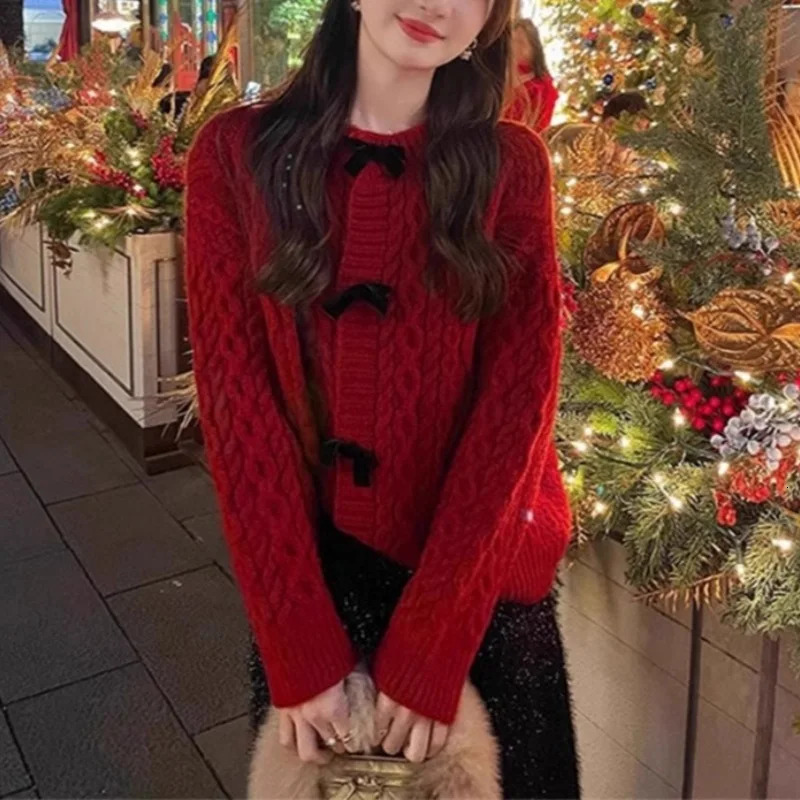 Sweet Twists Bow Sweater Women Autumn Winter O Neck Long Sleeve Top Loose Cardigans Korean Fashion Streetwear Y2K Girl Knitwear 241220