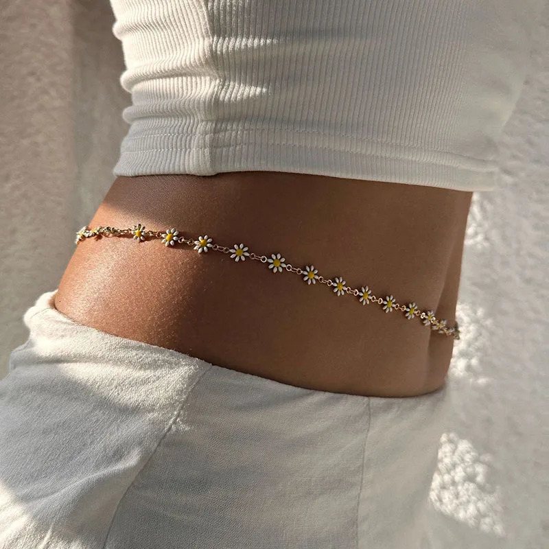 White enamel daisy flower waist belly chain stainless steel body chain jewelry for women summer beach holiday jewelry in 241220