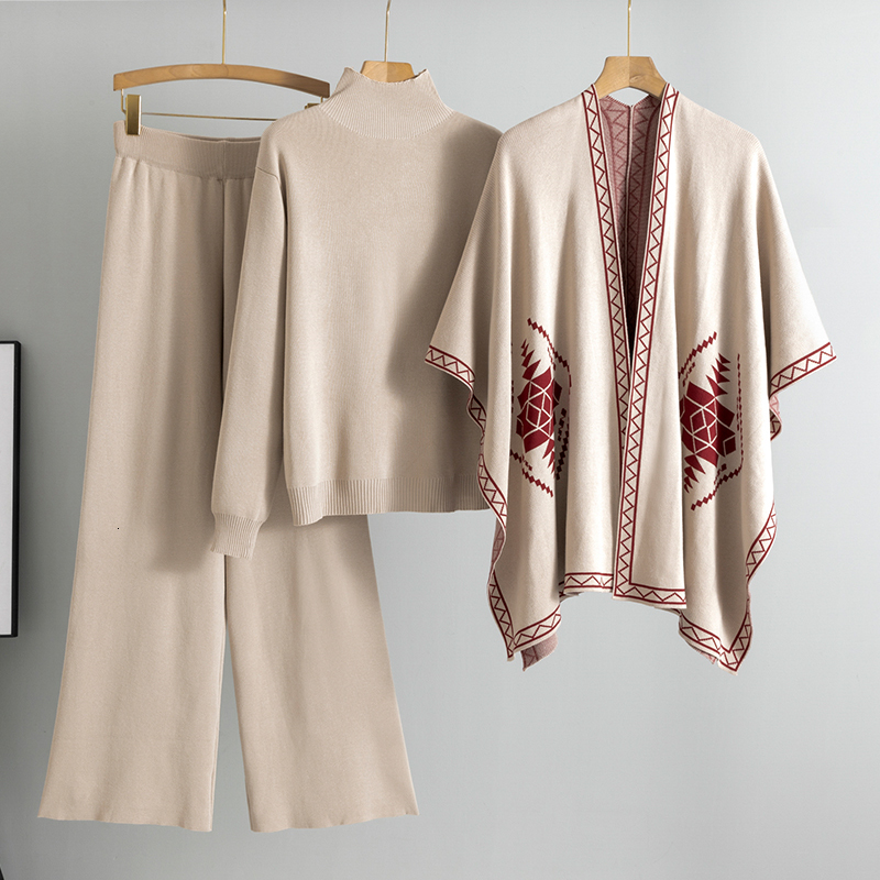 2025 Spring 3 Piece Knit Sets Elegant Temperament Shawl Turtleneck Sweater High Waist Long Pants Knitted Suits Outfit