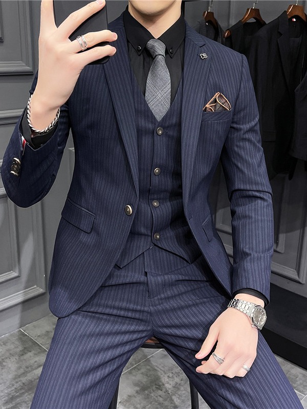 T1222High quality men's suit three piece striped handsome groom dress suit